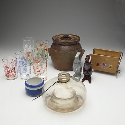 Bendigo Stoneware Lidded Container, Leather Letter Holder, Two Vintage Ceramic Kangaroos, and More