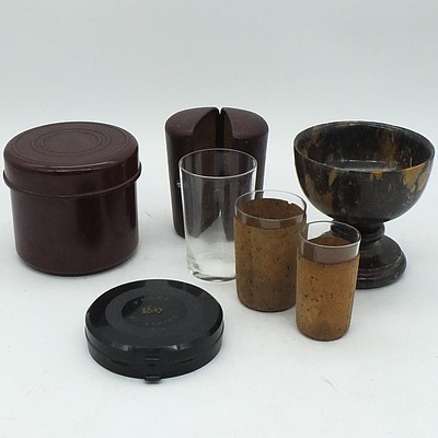 Bakelite Container, Pocket Gay Solitaire, Vintage Leather Cased Glasses, and More