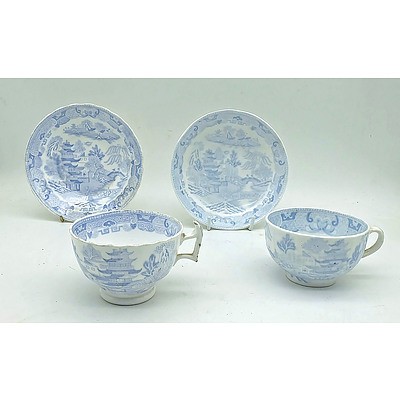 A pair of Antique Bone China in Reverse Willow Pattern Tea Cup and Saucers by Broseley, Pre 19th Century