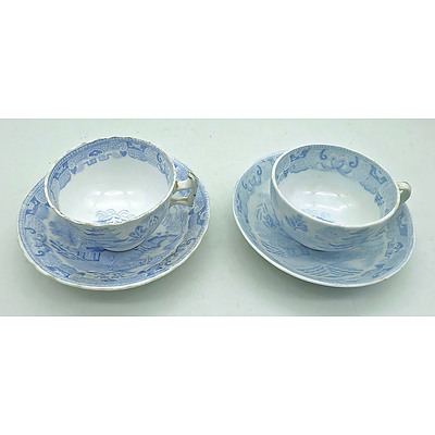 A pair of Antique Bone China in Reverse Willow Pattern Tea Cup and Saucers by Broseley, Pre 19th Century