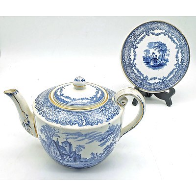 Antique English Porcelain Tea Pot, Lid and Trivet in Humphreys Clock Pattern by Ridgways Circa 1840-1860