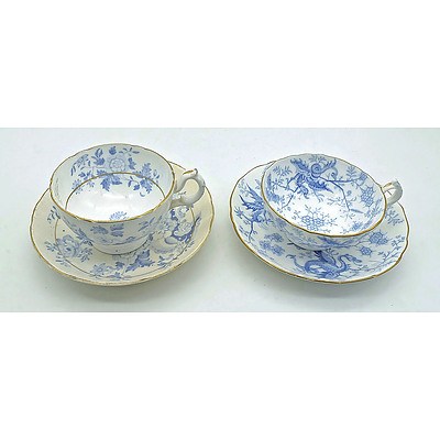 A Pair of Antique English Blue and White Porcelain Tea Cups and Saucers with Gold rim Detailing by Hampson and Broadhurst Circa 1847-1853