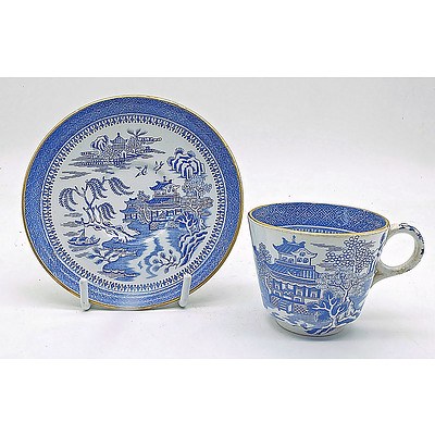 Antique English Diminutive Bone China Tea Cup and Saucer in Willow Pattern with Gold Rim by Copeland, Circa Mid 1800s