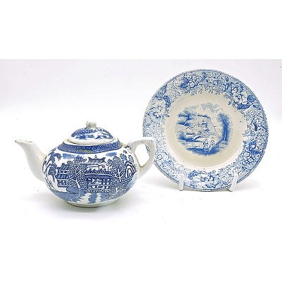 Antique Miniature Childs Willow Pattern Porcelain Tea Pot, Lid and Childs Porcelain Plate by Staffordshire Pottery Circa Late 1800s