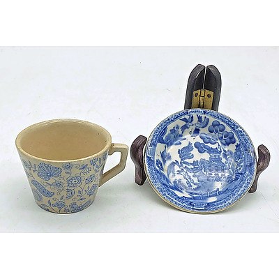 Antique Diminutive English Blue and White Porcelain Tea Cup and a Miniature Porcelain Willow Pattern Plate by Newport Pottery