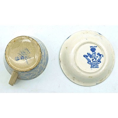 Antique Diminutive English Blue and White Porcelain Tea Cup and a Miniature Porcelain Willow Pattern Plate by Newport Pottery