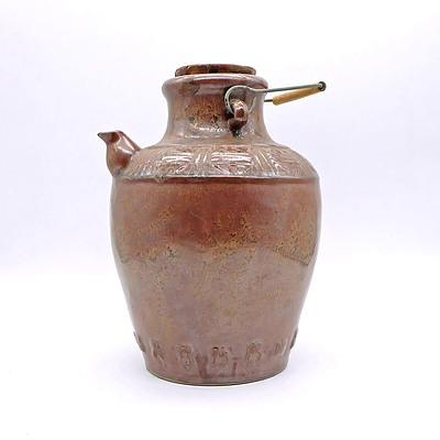 Asian Stoneware Wine Jar with Stopper and Wire Handle