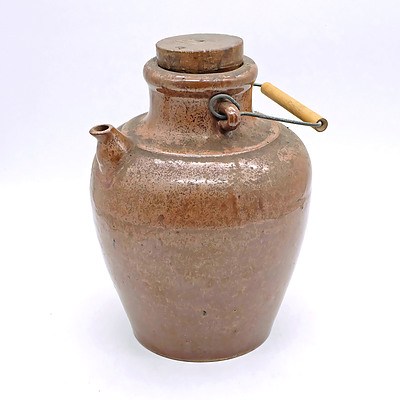 Asian Stoneware Wine Jar with Wooden Stopper and Wire Handle