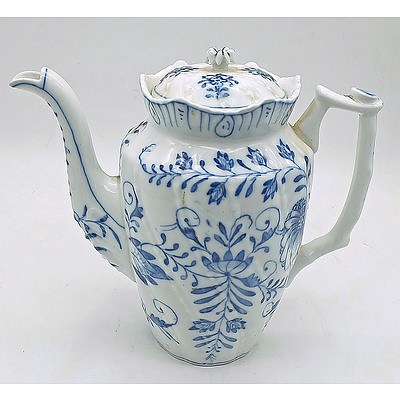 Antique Hand Painted Porcelain Coffee Pot in Blue and White 'Onion' Pattern