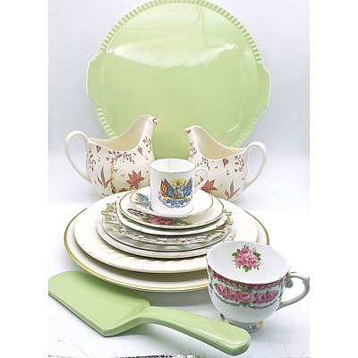 Quantity of Vintage China Pieces Including Johnson Brothers Jugs, Roslyn China tea Cup, Royal Doulton Demitasse Trio, Marlena German Cake Platter and Matching Cake Server
