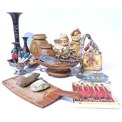 Three Pottery Cork Lidded Jars, a Greek Pottery Plate, Hand Painted Wooden Pegs, Three Asian Decorated Metal Vases, Two Polished Stone Slices, Two Indigenous Stone Implements, Six Silver Plated Cake Forks In Box, Antique Key and More
