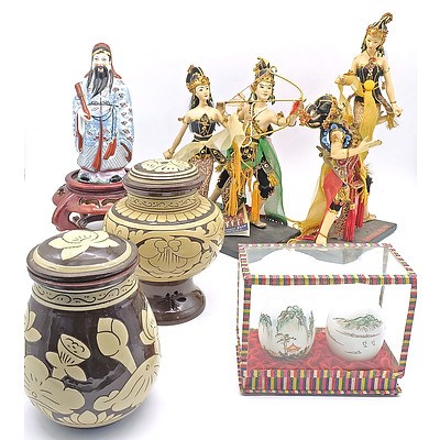 Two Indonesian Hindu Display Figures, Two Asian Vases, a Pair of Hand Painted Eggs and a Chinese Statue on Wooden Stand