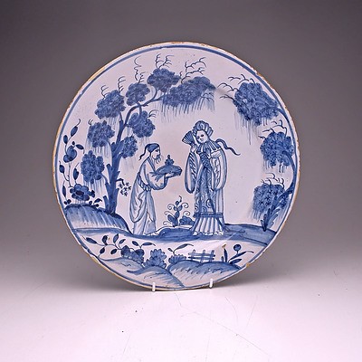Large English Delft Plate Decorated in Chinoiserie Style with Courtesans, Mid 18th Century, Probably Bristol