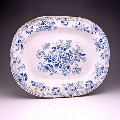 Large Victorian Blue and White Meat Platter Decorated with Pheasants in a Flower Garden, 19th Century