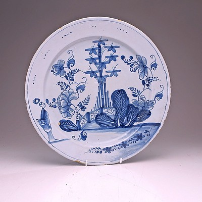 Large English Delft Plate Decorated with a Chinese Garden, Mid 18th Century, Probably Bristol