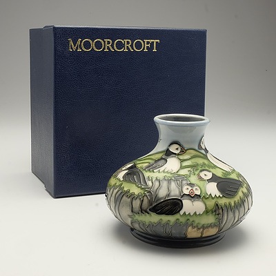 Moorcroft Puffin Pattern Vase Designed by Carole Lovett, 1997