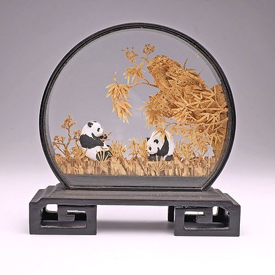 Carved Cork Diorama Sculpture Featuring Pandas on a Lacquered Base