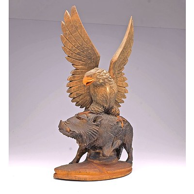 Wooden Boar and Eagle Sculpture