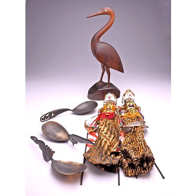 Three Hand Carved Indonesian Buffalo Horn Serving Spoons, Teak Bird and Two Indonesian Puppets