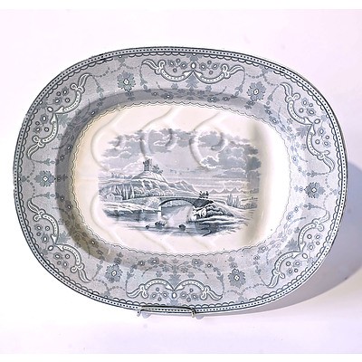 Large Victorian English Willow Pattern Copeland Porcelain Meat Platter, Circa 1842-1867