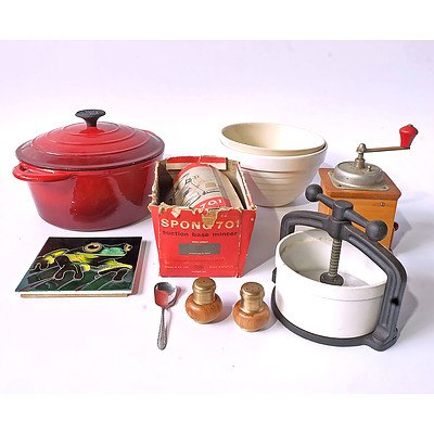 Quantity Kitchenalia Including Wooden Coffee Grinder, Cast Iron Casserole with Lid, Frog Motif Trivett, Two Pudding Bowls, Metal Mincer, Wooden Salt/ Pepper Shakers and Pate Press