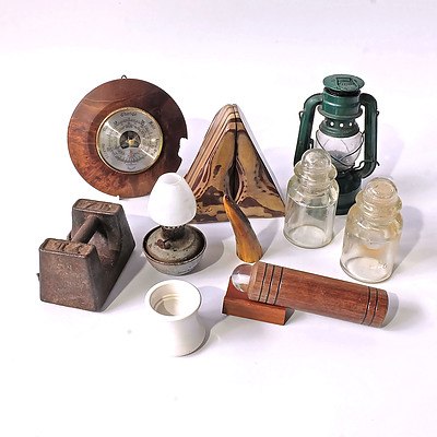 Gentlemens Items Including Wooden Barometer, Jarrah Kaleidoscope, Matching Polished Stone Bookends, Seven pound Weight Door Stop, Section of Deep Antler, Two Glass Insulators, A Small Kerrosene Lantern, a Small Oil Lamp