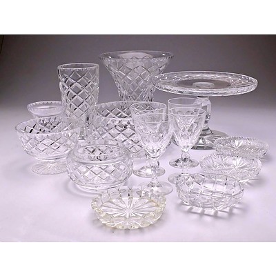 Quantity of Crystal Ware Including One Cake Stand, Two Small Vases, One medium Vase, One Slad Bowl, Four Pin Dishes,Four Sherry Glasses and One coupe Dish