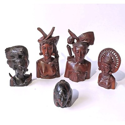 Five Balinese Hand Carved Busts, Two in Macassar Ebony Wood