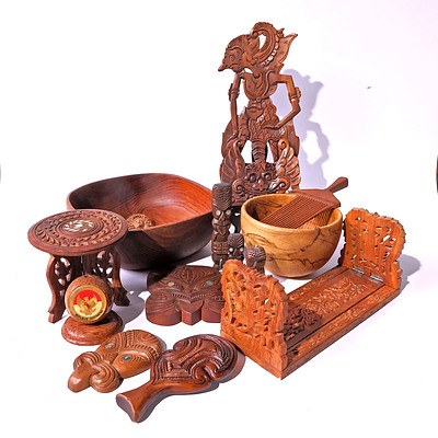 Various Hand Carved Wooden Objects Including Indian, Indonesian and Maori Decorative Objects