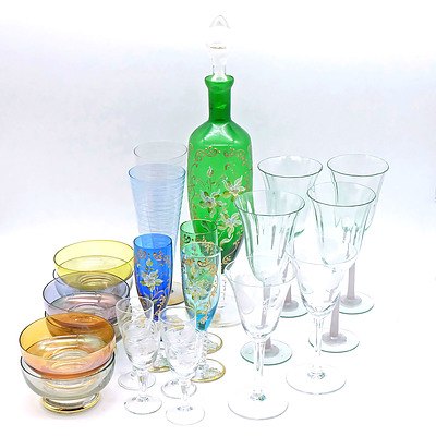 Quantity of Glassware Including Italian Hand Blown and Painted in 18 Carat Gold Decanter and Three Glasses