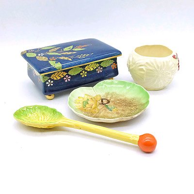 A Carlton Ware Gilt Decorated Jewelry Box, One Small Condiment Dish, One Small Leaf Design Pin Dish and One Cabbage Leaf Design Spoon