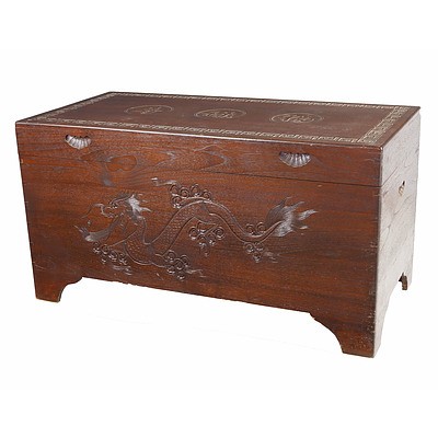 Asian Camphorwood Chest Carved with a Dragon and Character Roundels