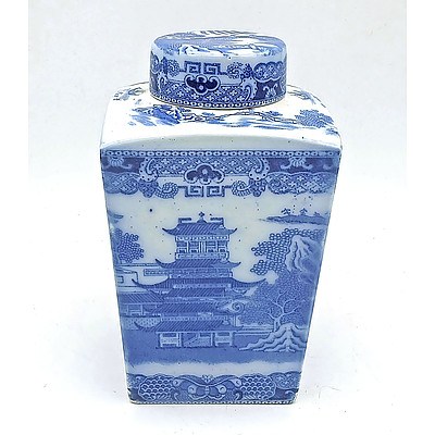 English Willow Pattern Advertising Porcelain Tea Caddy and Lid for Ringtons Tea Merchants Circa 1920s