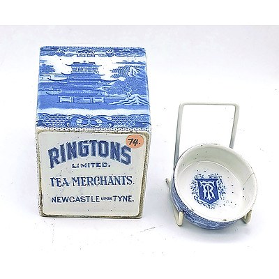 English Willow Pattern Advertising Porcelain Tea Caddy and Lid for Ringtons Tea Merchants Circa 1920s