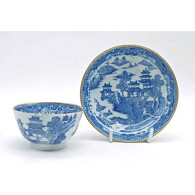 Early English Willow Pattern Porcelain Cup and Saucer Bowl with Gold Edge Rim by Coalport Circa 1795-1815