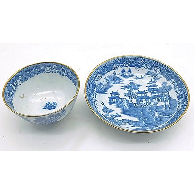 Early English Willow Pattern Porcelain Cup and Saucer Bowl with Gold Edge Rim by Coalport Circa 1795-1815