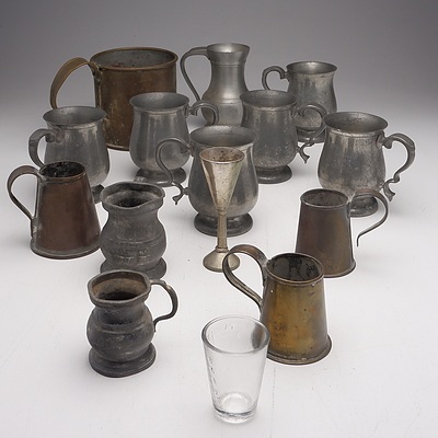 Group of Antique Vintage Pewter and Brass Tankards and Measures, Including a Brass Measure Goulburn 1923, Tudric Pewter Ware and Les Etains Du Manoir