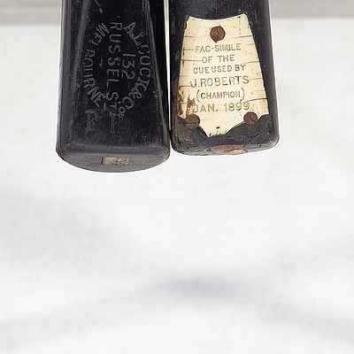 Fac-Simile of the Cue Used by J Roberts (Champion) Jan 1899 & Another Cue Inscribed A. L. Cock and Co