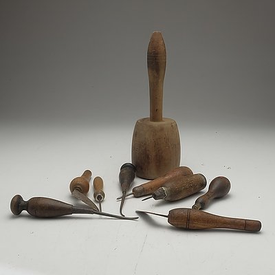 Group of Antique and Vintage Oak Handled Woodworking Tools