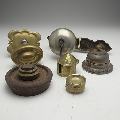 A Victorian Brass Door Knob, Antique Cast Metal Door Knocker, American Desk Bell and More