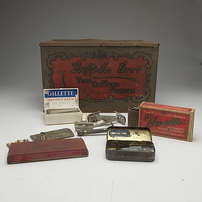 Griffiths Bros Tea, Coffee, Cocoa Tin Box and Assorted Razors and Accessories