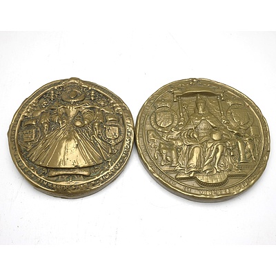 Two Brass Relief Moulded English Monarchy Wall Plaques