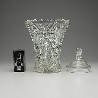 Vintage Mouldered Glass Vase, Strachan Wine Pourer and A Glass Lid