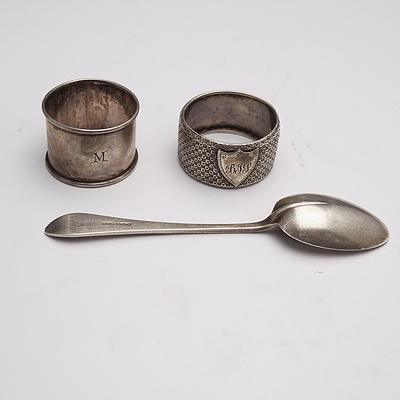 Monogrammed Victorian Sterling Silver Napkin Ring, 925 Napkin Ring and a Sterling Silver Spoon, James Dixon and Sons, Sheffield, 1918