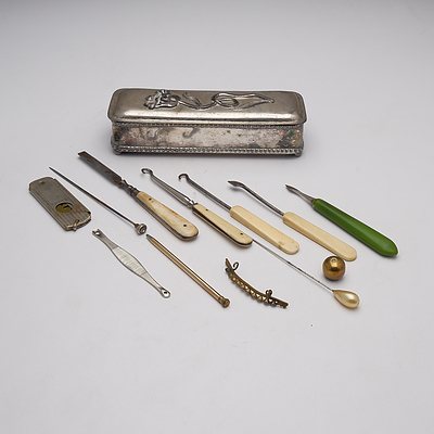 Silver Plate Jewellery Box with Various Bone Handled Sewing Tools, Cigar Cutter and More