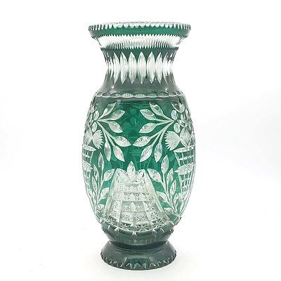 Bohemian Green Overlay and Cut Glass Vase
