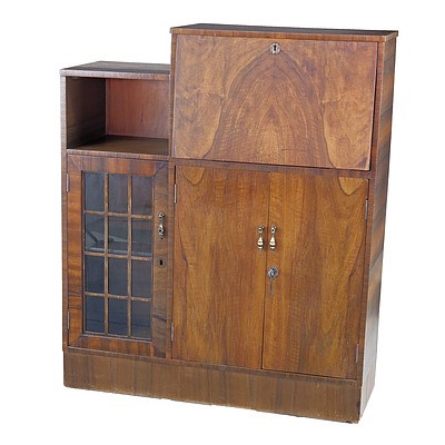 Vintage Queensland Black Walnut Veneer Bureau Bookcase Circa 1940's