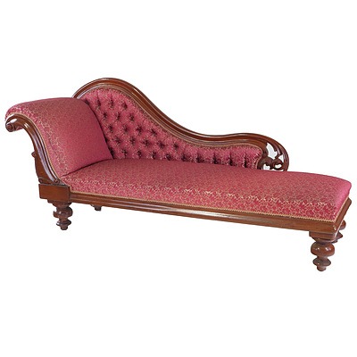 Victorian Style Mahogany Chaise Lounge with Floral Brocade Upholstery