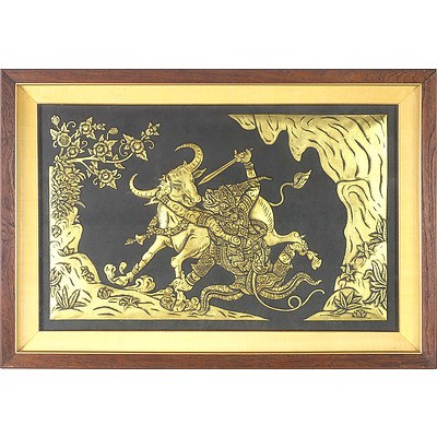 Large South East Asian Rubbing in Teak Frame