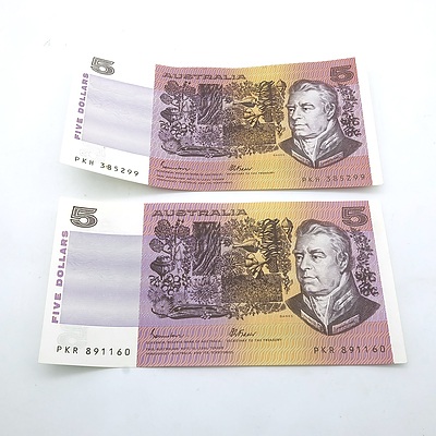 Two 1985 Australian Five Dollar Banknotes